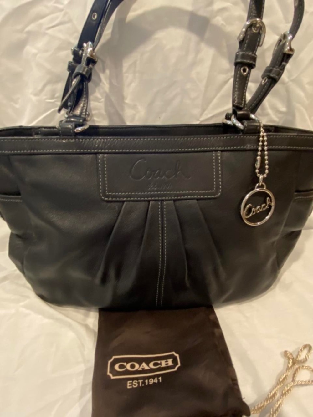 Coach Black Leather Pleated Shoulder Bag with Logo Charm